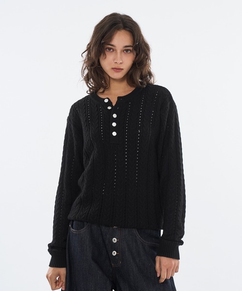 セール】SILVER BUTTON CABLE HENRY NECK KNIT LONG SLEEVE / シルバー