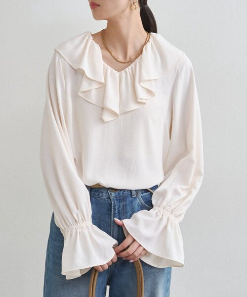 LOUNGEDRESS（ラウンジドレス）の「ジョーゼットフリルブラウス（シャツ/ブラウス・レディース・ブラック/オフホワイト・FREE）」の2枚目の写真