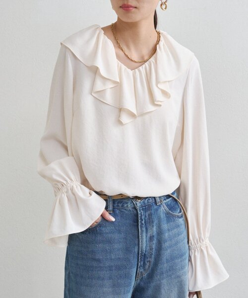 LOUNGEDRESS（ラウンジドレス）の「ジョーゼットフリルブラウス（シャツ/ブラウス・レディース・ブラック/オフホワイト・FREE）」の6枚目の写真
