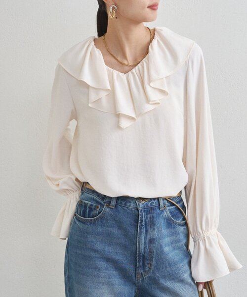 LOUNGEDRESS（ラウンジドレス）の「ジョーゼットフリルブラウス（シャツ/ブラウス・レディース・ブラック/オフホワイト・FREE）」の10枚目の写真