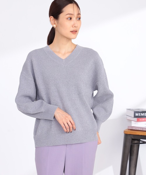 GALLORIA(ギャローリア)の「Vネックモールニット(ニット/セーター・レディース・エメラルド/グレー/オートミール・L/LL/S/M)」の1枚目の写真