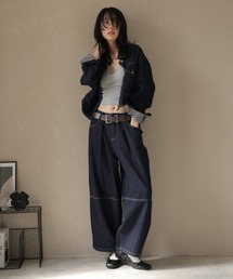 【セットアップ】ベルト付きデニムジャケット&バレルレッグパンツ