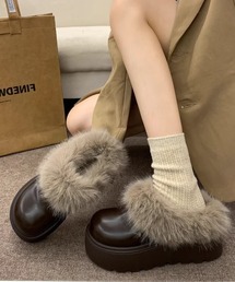 ふわもこファー厚底スリッポンブーツ/あったかムートン風もこもこ厚底シューズ