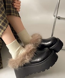 ふわもこファー厚底スリッポンブーツ/あったかムートン風もこもこ厚底シューズ