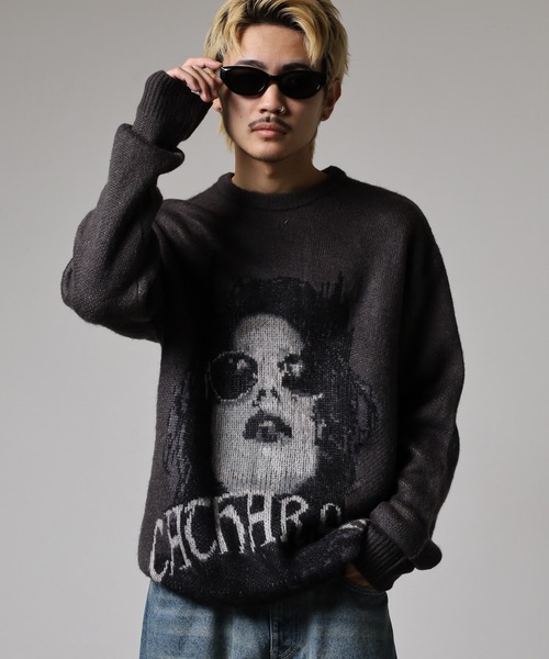 RE730（アールイーセブンサーティー）の「RE730 インパクト大のフェイスニット　クルーネック（ニット/セーター・メンズ・グレー/ブラック・L/M）」の3枚目の写真