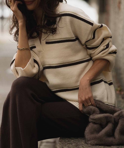 esutoreja（エストレジャ）の「ボーダースキッパーニット（ニット/セーター・レディース・グレー/ブラウン/アイボリー・FREE）」の2枚目の写真