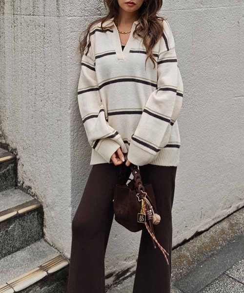 esutoreja（エストレジャ）の「ボーダースキッパーニット（ニット/セーター・レディース・グレー/ブラウン/アイボリー・FREE）」の5枚目の写真