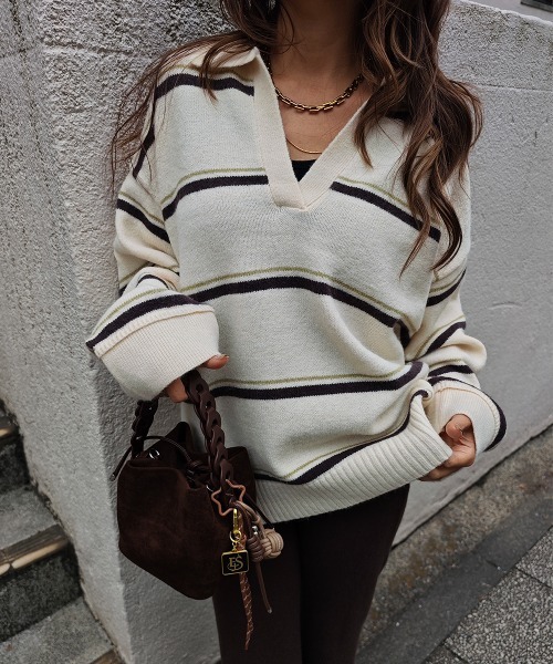 esutoreja（エストレジャ）の「ボーダースキッパーニット（ニット/セーター・レディース・グレー/ブラウン/アイボリー・FREE）」の6枚目の写真