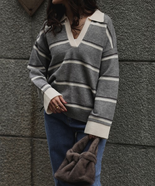 esutoreja（エストレジャ）の「ボーダースキッパーニット（ニット/セーター・レディース・グレー/ブラウン/アイボリー・FREE）」の8枚目の写真