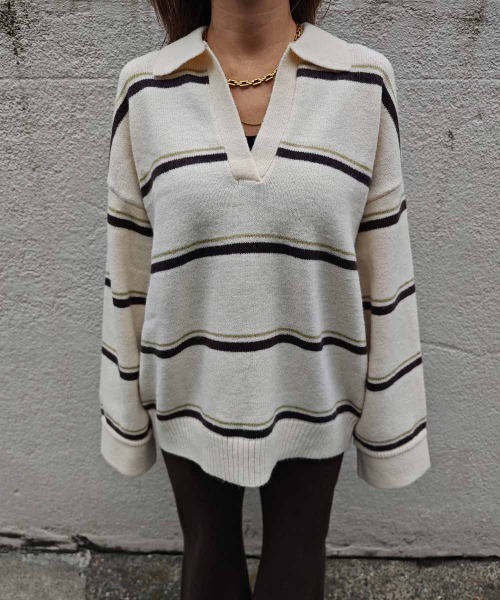 esutoreja（エストレジャ）の「ボーダースキッパーニット（ニット/セーター・レディース・グレー/ブラウン/アイボリー・FREE）」の14枚目の写真