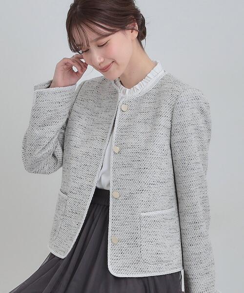 SHOO・LA・RUE（シューラルー）の「【S-3L】柔らかく軽い ライトツイードジャケット（ノーカラージャケット・レディース・ホワイト系6/アイボリー系3/ネイビー系3・01/02/03/04/05）」の2枚目の写真