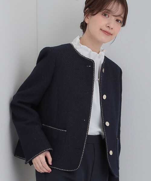 SHOO・LA・RUE（シューラルー）の「【S-3L】柔らかく軽い ライトツイードジャケット（ノーカラージャケット・レディース・ホワイト系6/アイボリー系3/ネイビー系3・01/02/03/04/05）」の3枚目の写真