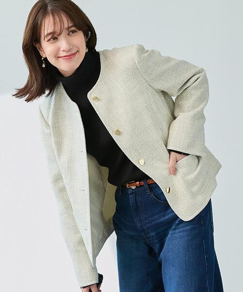 SHOO・LA・RUE（シューラルー）の「【S-3L】オンとオフで印象が変わる ライトツイードジャケット（ノーカラージャケット・レディース・ホワイト系6/アイボリー系3/ネイビー系3・01/02/03/04/05）」の11枚目の写真