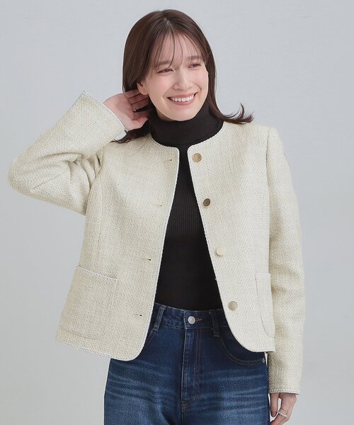 SHOO・LA・RUE（シューラルー）の「【S-3L】オンとオフで印象が変わる ライトツイードジャケット（ノーカラージャケット・レディース・ホワイト系6/アイボリー系3/ネイビー系3・01/02/03/04/05）」の10枚目の写真