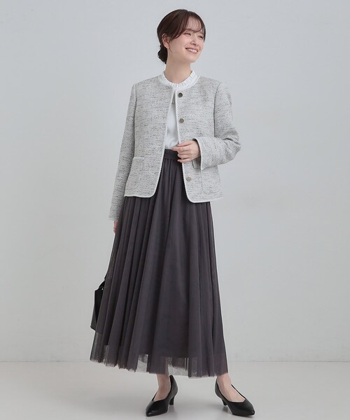 SHOO・LA・RUE（シューラルー）の「【S-3L】柔らかく軽い ライトツイードジャケット（ノーカラージャケット・レディース・ホワイト系6/アイボリー系3/ネイビー系3・01/02/03/04/05）」の22枚目の写真