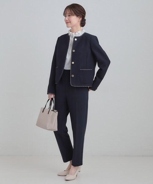 SHOO・LA・RUE（シューラルー）の「【S-3L】柔らかく軽い ライトツイードジャケット（ノーカラージャケット・レディース・ホワイト系6/アイボリー系3/ネイビー系3・01/02/03/04/05）」の18枚目の写真