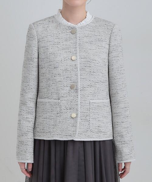 SHOO・LA・RUE（シューラルー）の「【S-3L】柔らかく軽い ライトツイードジャケット（ノーカラージャケット・レディース・ホワイト系6/アイボリー系3/ネイビー系3・01/02/03/04/05）」の16枚目の写真