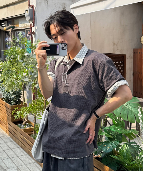 JUAN HOMME(ジュアンオム)の「ヘンリーネックハーフスリーブ(チャコール)(Tシャツ/カットソー・メンズ・その他・SMALL/MEDIUM/LARGE)」の1枚目の写真