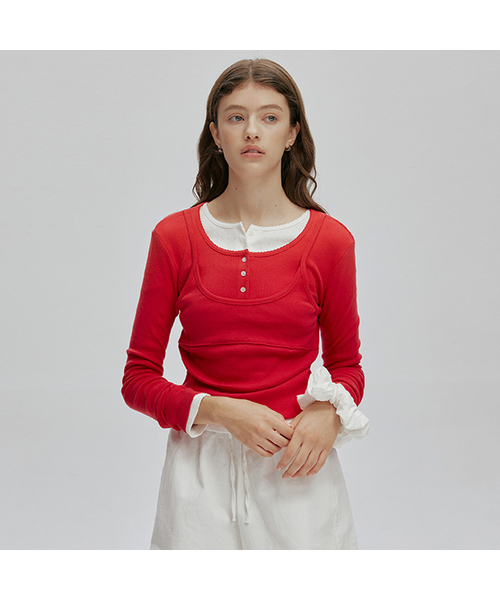AFTERHOURS(アフターアワーズ)の「HENRY NECK LAYERED LONG SLEEVE TOP (RED)(Tシャツ/カットソー・レディース・レッド・FREE)」の1枚目の写真