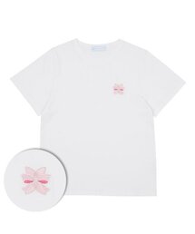 SALTY FLOWER（ソルティフラワー）の「ピンクリボン刺繍シグネチャー半袖ホワイト（Tシャツ/カットソー）」