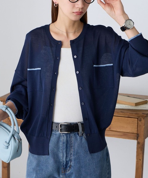 BONLECILL（ボンルシール）の「【UVカット率92％】配色ちびポケットシアーカーディガン【纏うUVケア - ソルヴェール】（カーディガン/ボレロ・レディース・ライトイエロー/グレー/チャコールグレー/ネイビー/ピンク/ブラウン/アイボリー・FREE）」の6枚目の写真