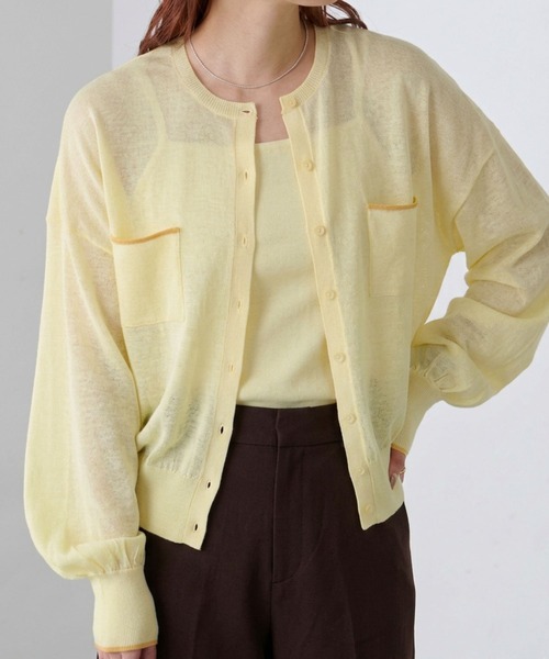 BONLECILL（ボンルシール）の「【UVカット率92％】配色ちびポケットシアーカーディガン【纏うUVケア - ソルヴェール】（カーディガン/ボレロ・レディース・ライトイエロー/グレー/チャコールグレー/ネイビー/ピンク/ブラウン/アイボリー・FREE）」の7枚目の写真
