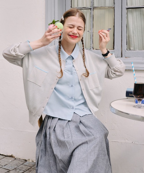 BONLECILL（ボンルシール）の「【UVカット率92％】配色ちびポケットシアーカーディガン【纏うUVケア - ソルヴェール】（カーディガン/ボレロ・レディース・ライトイエロー/グレー/チャコールグレー/ネイビー/ピンク/ブラウン/アイボリー・FREE）」の13枚目の写真