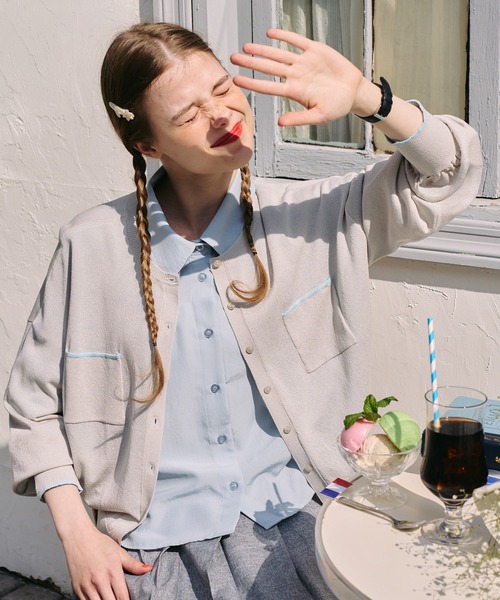 BONLECILL（ボンルシール）の「【UVカット率92％】配色ちびポケットシアーカーディガン【纏うUVケア - ソルヴェール】（カーディガン/ボレロ・レディース・ライトイエロー/グレー/チャコールグレー/ネイビー/ピンク/ブラウン/アイボリー・FREE）」の12枚目の写真