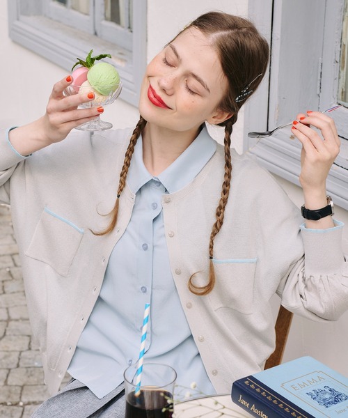 BONLECILL（ボンルシール）の「【UVカット率92％】配色ちびポケットシアーカーディガン【纏うUVケア - ソルヴェール】（カーディガン/ボレロ・レディース・ライトイエロー/グレー/チャコールグレー/ネイビー/ピンク/ブラウン/アイボリー・FREE）」の14枚目の写真