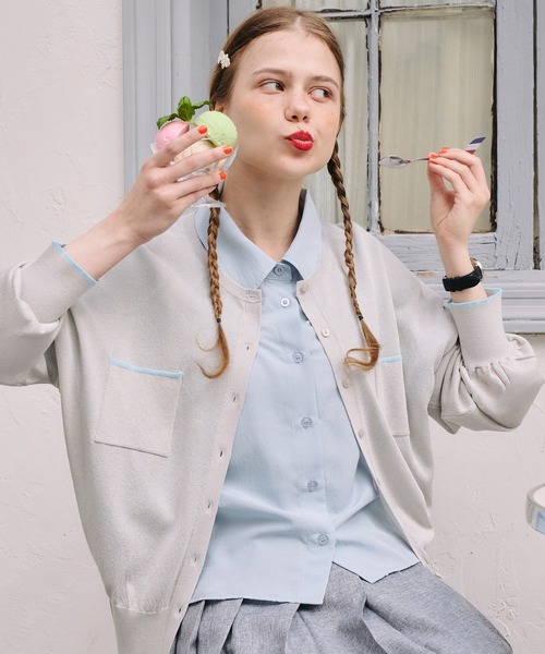 BONLECILL（ボンルシール）の「【UVカット率92％】配色ちびポケットシアーカーディガン【纏うUVケア - ソルヴェール】（カーディガン/ボレロ・レディース・ライトイエロー/グレー/チャコールグレー/ネイビー/ピンク/ブラウン/アイボリー・FREE）」の10枚目の写真