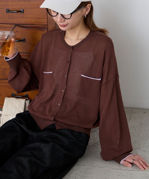 BONLECILL（ボンルシール）の「【UVカット率92％】配色ちびポケットシアーカーディガン【纏うUVケア - ソルヴェール】（カーディガン/ボレロ・レディース・ライトイエロー/グレー/チャコールグレー/ネイビー/ピンク/ブラウン/アイボリー・FREE）」の19枚目の写真