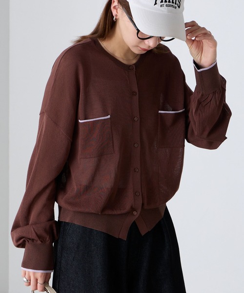 BONLECILL（ボンルシール）の「【UVカット率92％】配色ちびポケットシアーカーディガン【纏うUVケア - ソルヴェール】（カーディガン/ボレロ・レディース・ライトイエロー/グレー/チャコールグレー/ネイビー/ピンク/ブラウン/アイボリー・FREE）」の20枚目の写真