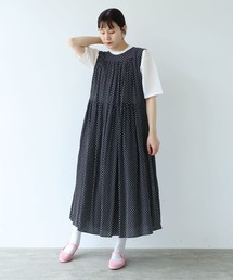 Rayon/Cupra/cotton print tiered  no sleeves ワンピース