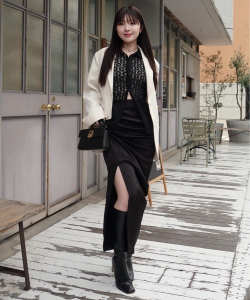 黒いドレープデザインロングスカート ハイウエストドレープデザインスカート ロングスカート[品番
