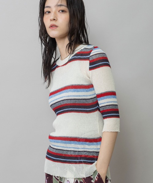 Munich（ミューニック）の「シアーニットリブハーフスリーブプルオーバー（ニット/セーター・レディース・ブラック/アイボリー/アイボリー系/グレー・FREE）」の4枚目の写真