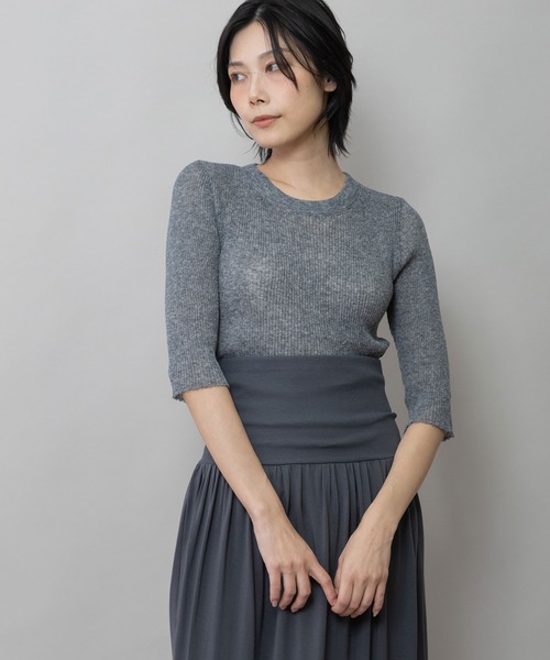 Munich（ミューニック）の「シアーニットリブハーフスリーブプルオーバー（ニット/セーター・レディース・ブラック/アイボリー/アイボリー系/グレー・FREE）」の3枚目の写真