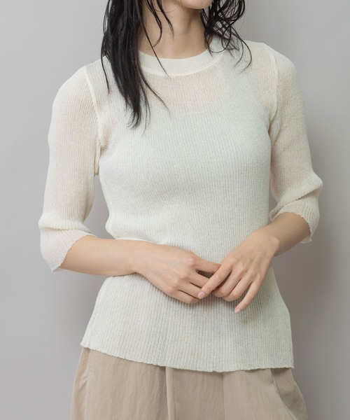 Munich（ミューニック）の「シアーニットリブハーフスリーブプルオーバー（ニット/セーター・レディース・ブラック/アイボリー/アイボリー系/グレー・FREE）」の2枚目の写真