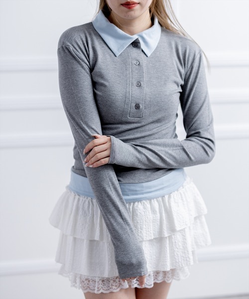 clear（クリア）の「レイヤード風配色ポロカットソー［大人 カジュアル 着回し力抜群］≪新作≫（Tシャツ/カットソー・レディース・ピンク/ベージュ/グレー/ブラック・F）」の2枚目の写真