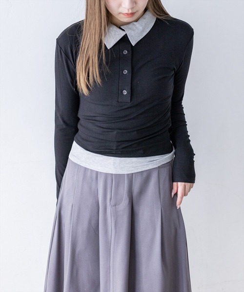 clear（クリア）の「レイヤード風配色ポロカットソー［大人 カジュアル 着回し力抜群］≪新作≫（Tシャツ/カットソー・レディース・ピンク/ベージュ/グレー/ブラック・F）」の22枚目の写真