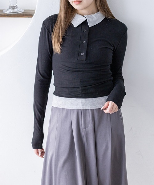 clear（クリア）の「レイヤード風配色ポロカットソー［大人 カジュアル 着回し力抜群］≪新作≫（Tシャツ/カットソー・レディース・ピンク/ベージュ/グレー/ブラック・F）」の21枚目の写真