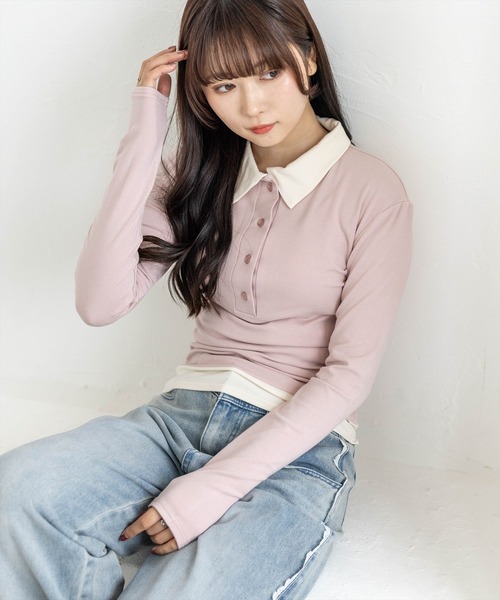 clear（クリア）の「レイヤード風配色ポロカットソー［大人 カジュアル 着回し力抜群］（Tシャツ/カットソー・レディース・ピンク/ベージュ/グレー/ブラック・F）」の14枚目の写真