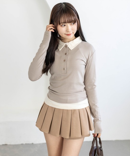 clear（クリア）の「レイヤード風配色ポロカットソー［大人 カジュアル 着回し力抜群］（Tシャツ/カットソー・レディース・ピンク/ベージュ/グレー/ブラック・F）」の9枚目の写真