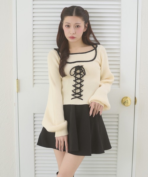 Ambre Neige(アンブルネージュ)の「lace up knit tops / レースアップニットトップス(ニット/セーター・レディース・アイボリー/ベビーピンク/ブラック・FREE)」の1枚目の写真