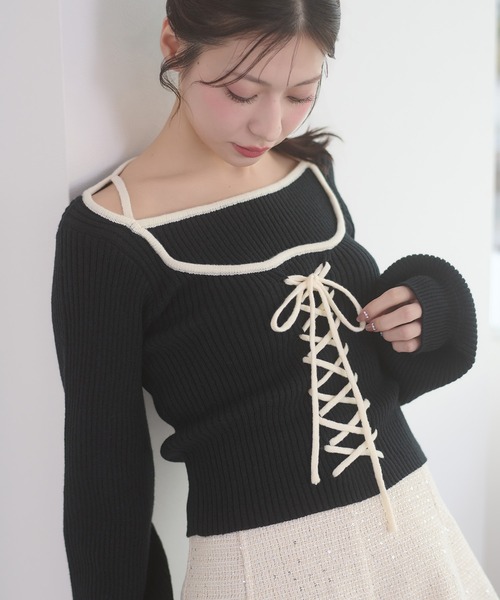 Ambre Neige(アンブルネージュ)の「lace up knit tops / レースアップニットトップス(ニット/セーター・レディース・アイボリー/ベビーピンク/ブラック・FREE)」の21枚目の写真