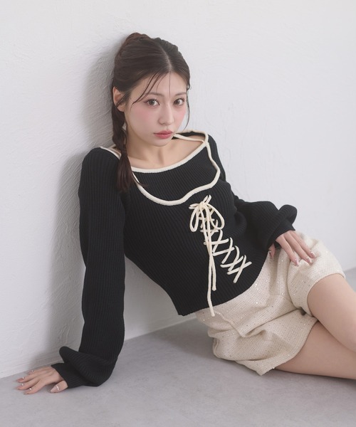 Ambre Neige(アンブルネージュ)の「lace up knit tops / レースアップニットトップス(ニット/セーター・レディース・アイボリー/ベビーピンク/ブラック・FREE)」の17枚目の写真