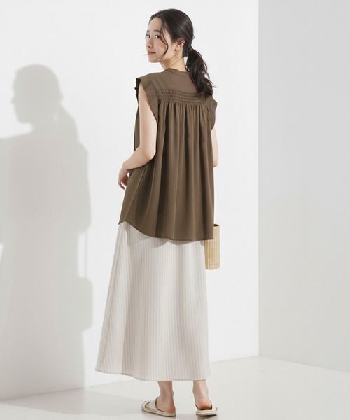 Cinderella(シンデレラ)の「ブラウス トップス レディース ノースリーブ ロング丈 フレンチスリーブ 春 夏 秋 ゆったり きれいめ おしゃれ かわいい シンプル 無地 綿100% 大きいサイズ シンプル 通気性 通勤 オフィスカジュアル(シャツ/ブラウス・レディース・ブラウン/ホワイト/ブラック・FREE)」の4枚目の写真