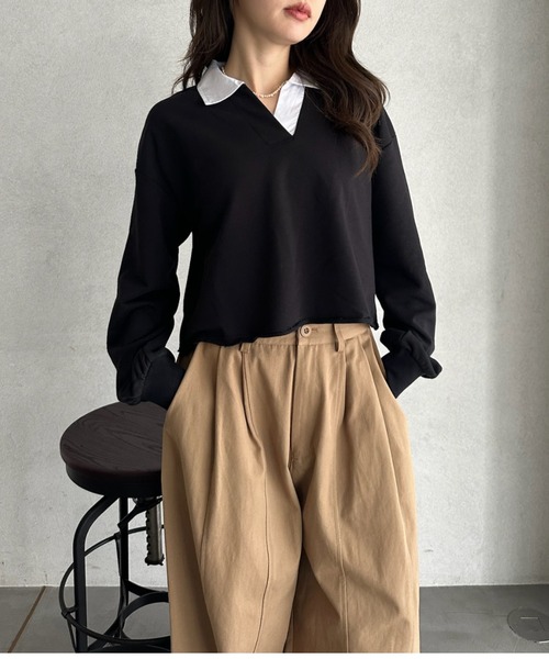 TREOVER(トレオーバー)の「ラガーシャツをラフにアップデート ポロカラースウェットプルオーバー(ポロシャツ・レディース・杢グレー/ブラック/ベージュ・FREE)」の6枚目の写真