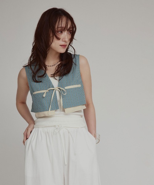 W:Huku(フーク)の「【W:Huku / ブロードストライプ】ショート ベスト / Broad Stripe Short Vest(ベスト・レディース・ブラウン/ベージュ/ブラック/ブルー・FREE)」の13枚目の写真