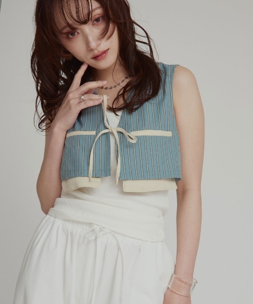 W:Huku(フーク)の「【W:Huku / ブロードストライプ】ショート ベスト / Broad Stripe Short Vest(ベスト・レディース・ブラウン/ベージュ/ブラック/ブルー・FREE)」の20枚目の写真