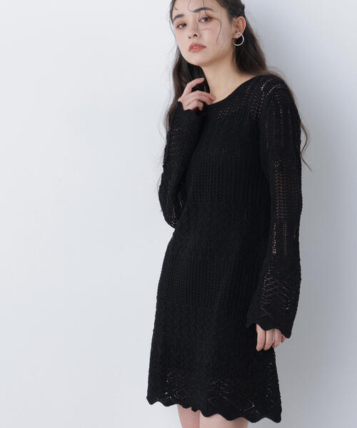 N.（N. Natural Beauty Basic）（エヌエヌナチュラルビューティーベーシック）の「透かし編みニットミニワンピース（ワンピース・レディース・ブラック/ブラウン/オフホワイト・ﾌﾘ-）」の4枚目の写真